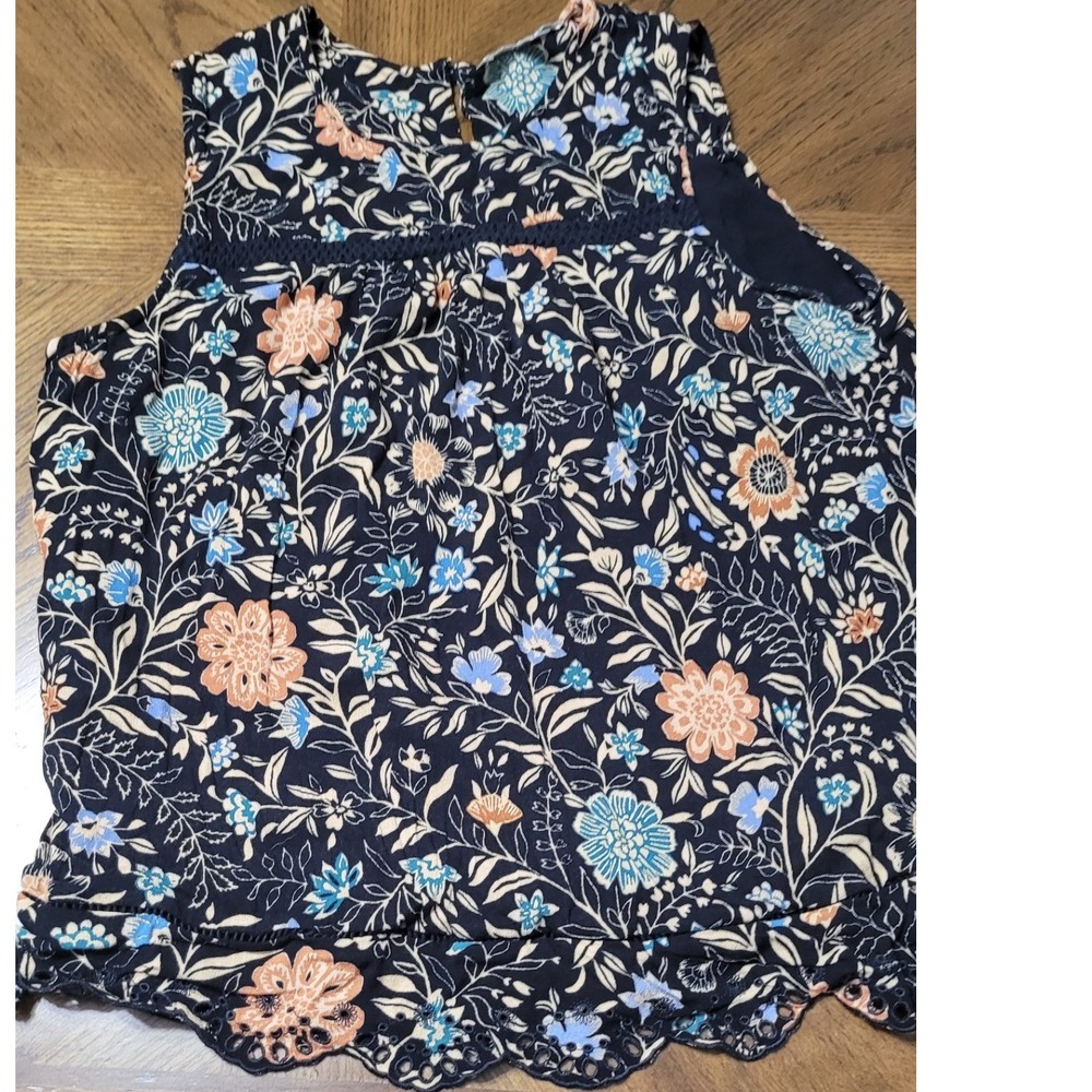 Daniel Rainn Womens XL Floral Sleeveless Blouse Eyelet Scallop Hem D25903RYC